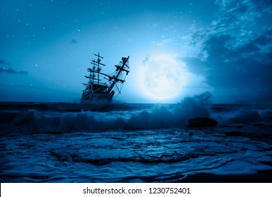 Sailing Old Ship In Storm Sea - Night Sky With Moon In The Clouds 