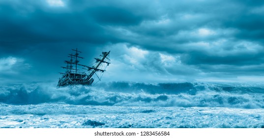 Sailing Old Ship In A Storm Sea On The Background Stormy Clouds