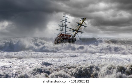 Sailing Old Ship In A Storm Sea In The Background Stormy Clouds