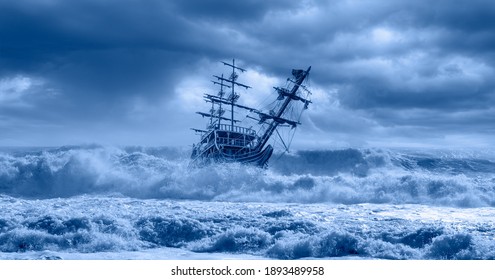 Sailing Old Ship In A Storm Sea In The Background Stormy Clouds