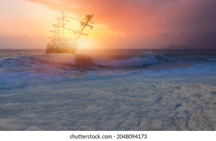 Sailing Old Ship In Storm Sea At  Amazing Sunset Clouds