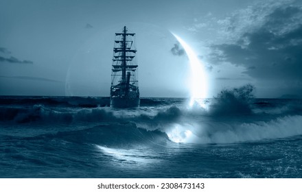 Sailing old ship in storm sea and crescent moon stormy clouds in the background 
