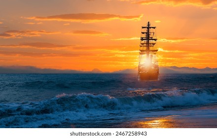 Sailing old ship in storm sea heavy sunset clouds in the background - Powered by Shutterstock