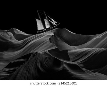 Sailing old ship in a stormy sea of stone waves. Collage of the stone structure of the Antelope Canyon