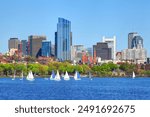 Sailing on Boston Harbor with Downtown Cityscape in the Background: 4K Resolution imaage
