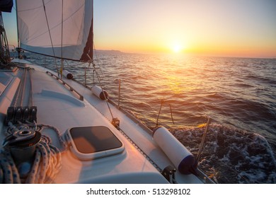 Sailing On The Waves During A Wonderful Sunset. Travel. Luxery Yacht.