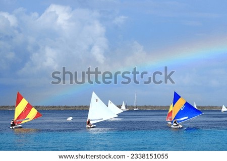 Sailing regatta competition sunfish boats sport colorful rainbow sky Caribbean coast
