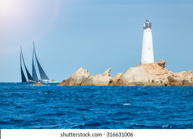 Sailing In Sardinia, Monaci Island Lighthouse, Italy