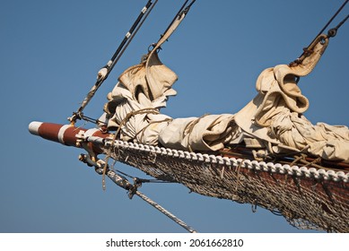 Sailing Ship Bow, Ropes And Lowered Sails.