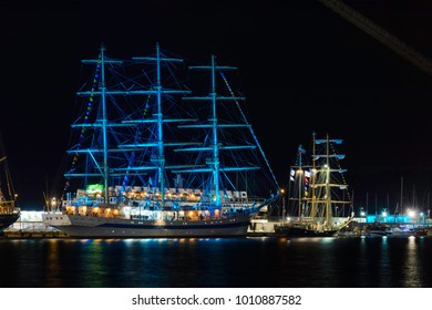 Sailing Ship By Night, Illumination On Sailing Ship In The Seaport Of Varna, Bulgaria