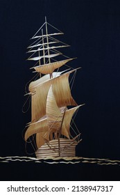 Sailing Ship Front View In The Sea On A Dark Background, Carved Panel Straw