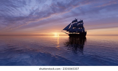 Sailing ship goes to the open sea in the evening. The sun shines over a sailing ship in the ocean bay. Boat trip through beautiful seascapes. 3D visualization - Powered by Shutterstock