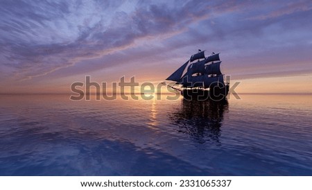 Sailing ship goes to the open sea in the evening. The sun shines over a sailing ship in the ocean bay. Boat trip through beautiful seascapes. 3D visualization