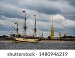 Sailing ship on the background of the Peter and Paul Fortress, St. Petersburg, Russia