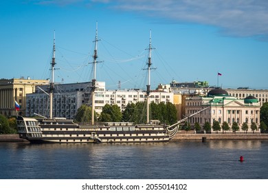 Sailing Ship Replica In Neva Embankment In Saint Petersburg, Russia