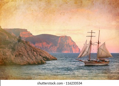 Sailing Ship Sails Along The Rocky Shore, Vintage Style