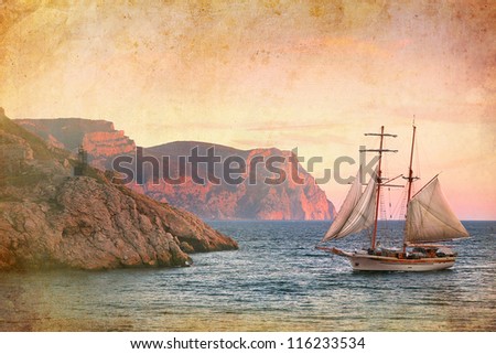 sailing ship sails along the rocky shore, vintage style