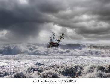 Sailing Ship In Storm Sea On The Foreground Power Sea Wave