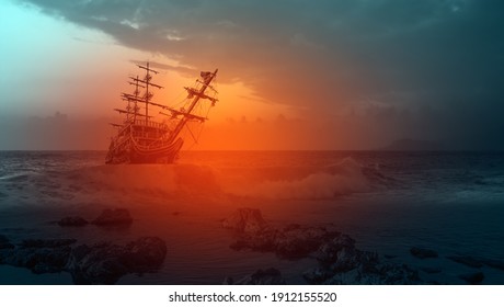 Sailing Ship In Storm Sea Rocks In The Foreground At Sunset