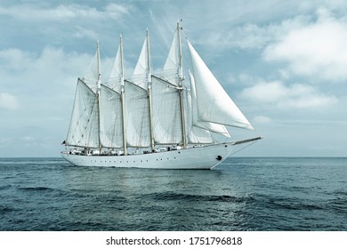 Sailing Ships Cruise. Travel And Tourism At Sea. Beautiful Sailboats Under Sail