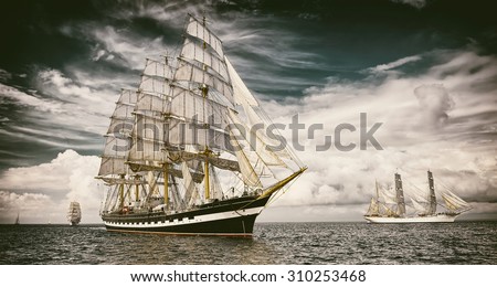 Sailing ships.  Toned image and blur. Retro style postcard. Sailing. Yachting. Travel