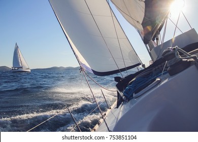 Sailing In The Wind Through The Waves, Yachts At Sailing Regatta