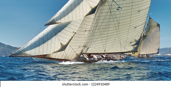 Sailing Yacht Race, Regatta. Sail Boat Team Athletes Participating In The Sailing Competition. Recreational Water Sports. Extreme Sport Action. Healthy Active Lifestyle. Summer Fun Adventure