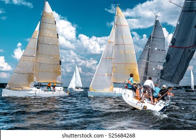 Sailing Yacht Race. Team Athletes Participating In The Sailing Competition. Sailboat. Recreational Water Sports, Extreme Sport Action. Healthy Active Lifestyle. Summer Fun Adventure