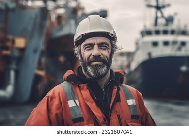 Sailor in port facility near the ship in safety helmet, uniform, boiler suit staying near derrick, crane. . High quality photo