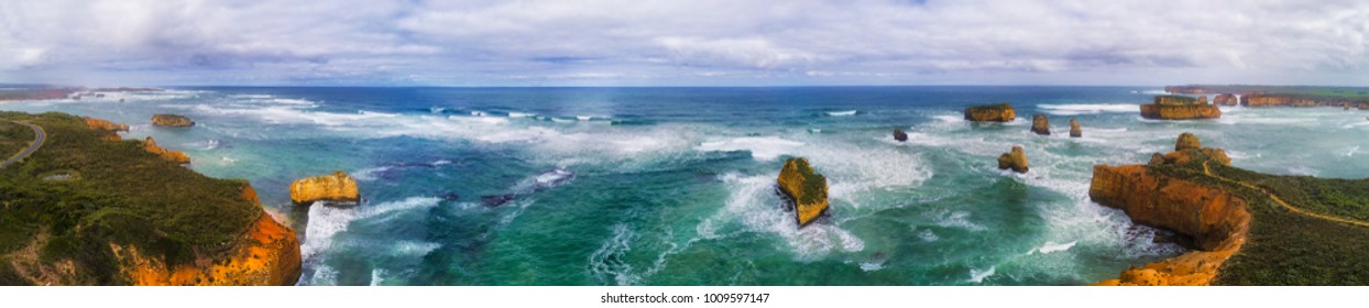 Sailors Bay On Great Ocean Road In Regional Victoria State - Rugged Scenic Coast Of Australia - A Shipwreck Coast. Wide Aerial Panorama Facing Open Sea.