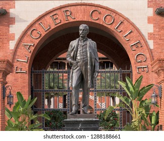 SAINT AUGUSTINE, FLORIDA, USA - DECEMBER 8, 2018: Henry Morrision Flagler Statue Outside The Ponce De Leon Hotel On King Street On The Campus Of Flagler College In St. Augustine