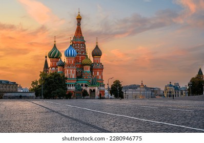 Saint Basil's Cathedral and Red Square in Moscow, Russia. Architecture and landmarks of Moscow. Sunrise cityscape of Moscow