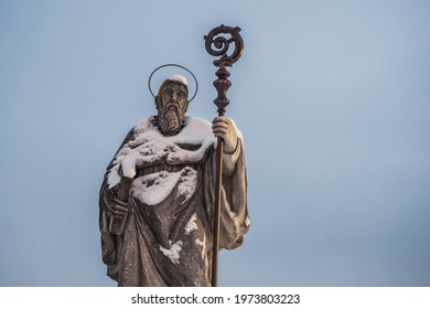 Saint Benedict of Nursia Statue on Sonntagberg in the  Mostviertel or Must Quarter of Lower Austria covered with Snow. Reproduction of a Sculpture made in 1735 by Pietro Poaloa Campi in Monte Cassino