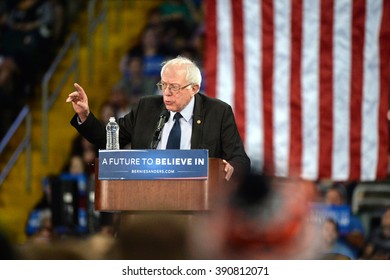 Saint Charles, MO, USA - March 14, 2016: US Senator and Democratic Presidential Candidate Bernie Sanders speaks during a campaign rally at the Family Arena in Saint Charles, Missouri.