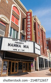 SAINT CLOUD, MINNESOTA - February 19, 2022: the Paramount Center for the Arts' marquee bears the name of the musical Mamma Mia, being staged by the GREAT Theatre Company.