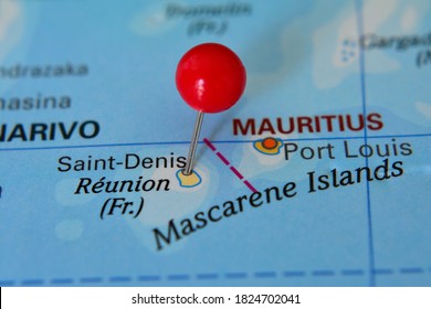 Saint Denis Réunion Island France Marked On Map With Red Pin, Mascarene Islands