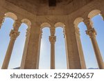 Saint Domnius bell tower arches with clear blue sky in background, backlit, Croatia, Split, wide angle lens