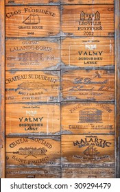 SAINT EMILION, FRANCE - Collection of old Bordeaux wine wooden boxes, on August 19, 2015 in Saint Emilion, France