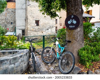 Saint Etienne De Tinee, France - 08-05-2018 : Bike Parking Spot In Small French Alps Village