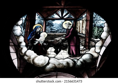 Saint Etienne Du Mont Church.  Stained Glass Window. Holy Family, Joseph Carpenter.  Paris. France.  10-30-2018