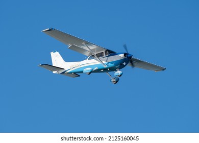 Saint Gallen, Altenrhein, Switzerland, February 9, 2022 Cessna 172 aircraft taking off from runway 28