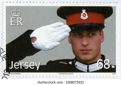 SAINT HELIER, JERSEY - JUNE 21, 2012: A Stamp Printed In Jersey Shows William Arthur Philip Louis, Prince William, Duke Of Cambridge, 30th Birthday, 2012