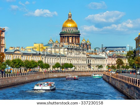 Saint Isaac Cathedral  across Moyka river, St Petersburg, Russia