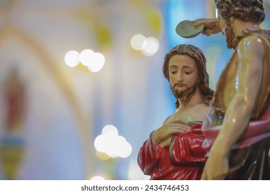 Saint John the Baptist baptizing Jesus Christ Catholic vintage statue