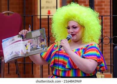 Saint John, NB, Canada - June 5, 2022: A drag queen reads children's stories at the Drag Story Hour in Market Square.