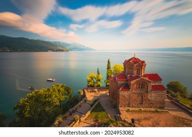 Saint John the Theologian, Kaneo situated on the cliff over Kaneo Beach overlooking Lake Ohrid in the city of Ohrid, North Macedonia.