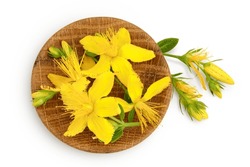 Saint John's Wort Or Hypericum Flowers In Wooden Bowl Isolated On White Background. Top View. Flat Lay