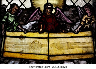 Saint Joseph Des Fins Church.  Stained Glass Window. The Shroud Of Turin.  Annecy. France.  05-30-2020