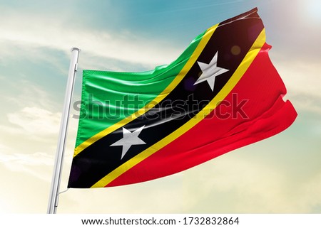 Saint Kitts and Nevis national flag cloth fabric waving on the sky  - Image