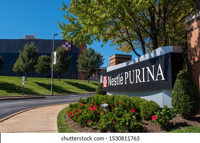 Saint Louis, MO—Oct 13, 2019; Corporate sign with title and logo alongside road marking entrance to North American Headquarters campus of Nestle Purina.